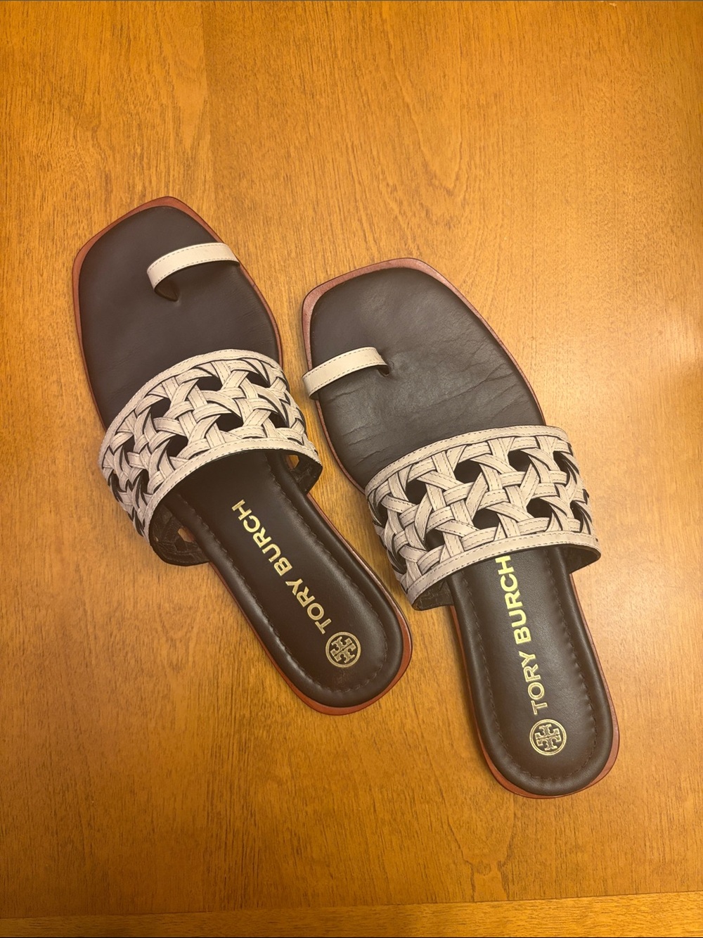 Tory Burch Black Footbed Woven Cream Strap Slide Sandals